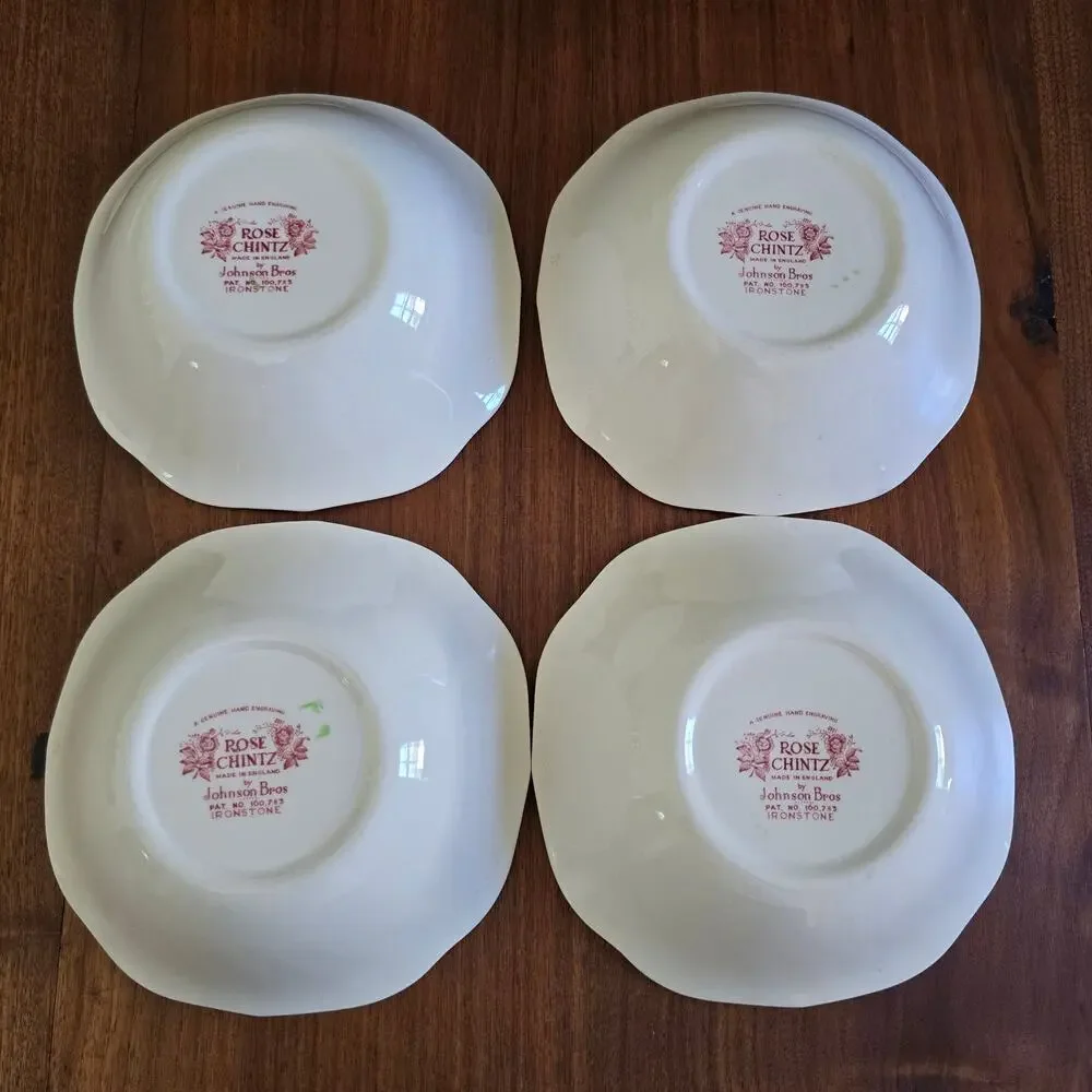 Vintage Johnson Brothers Rose Chintz Ironstone 4 Soup Bowls Cottagecore 30s-50s